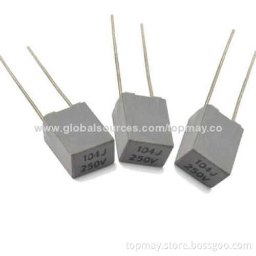 Mini Box Metalized Polyester Film Capacitor, Suitable for Direct Current, Block and VHF Signals